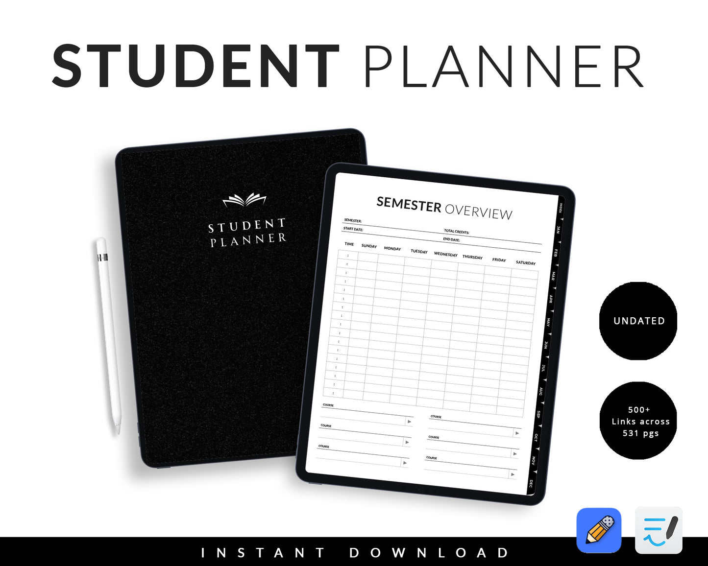 Minimalist Student Digital Planner | Undated & Reusable