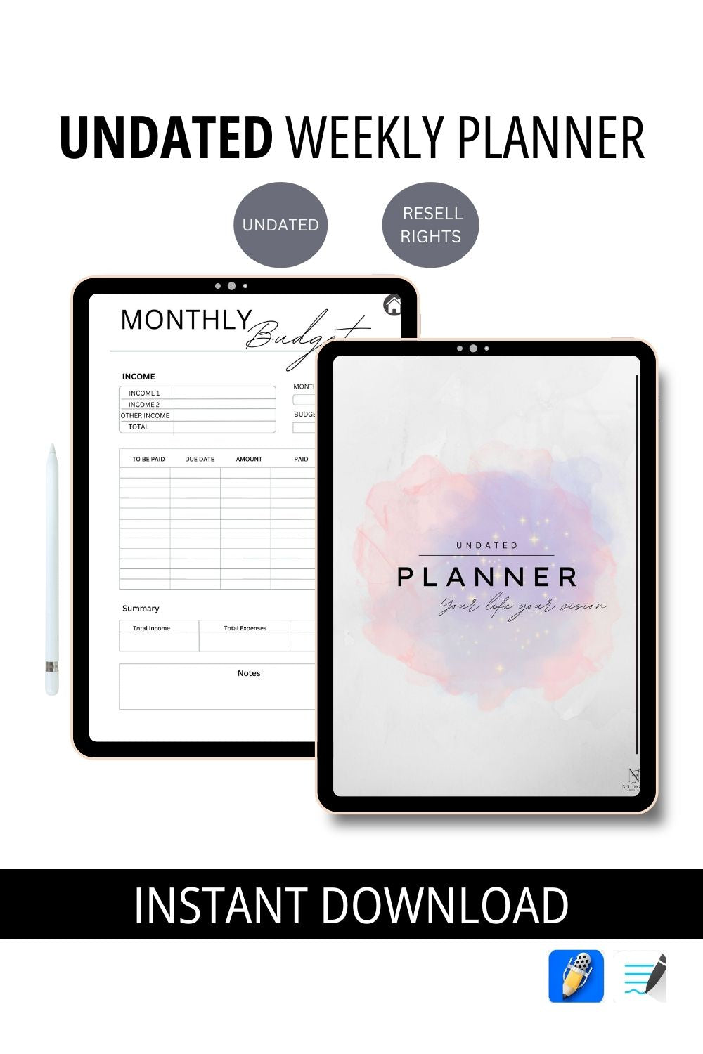 Undated Planner for iPad, iPhone, Desktop, Android etc..