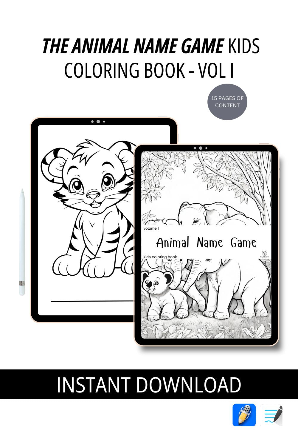 The Animal Name Game - Volume I Digital Kids Coloring Book